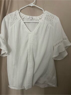 Avalon White Crochet-Trim Flutter Sleeve Blouse
